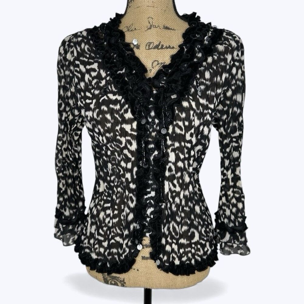 Choices Sheer Animal Print Top Ruffle Velvet Trim Sequins Indie‎ Sleaze Y2K Sz M